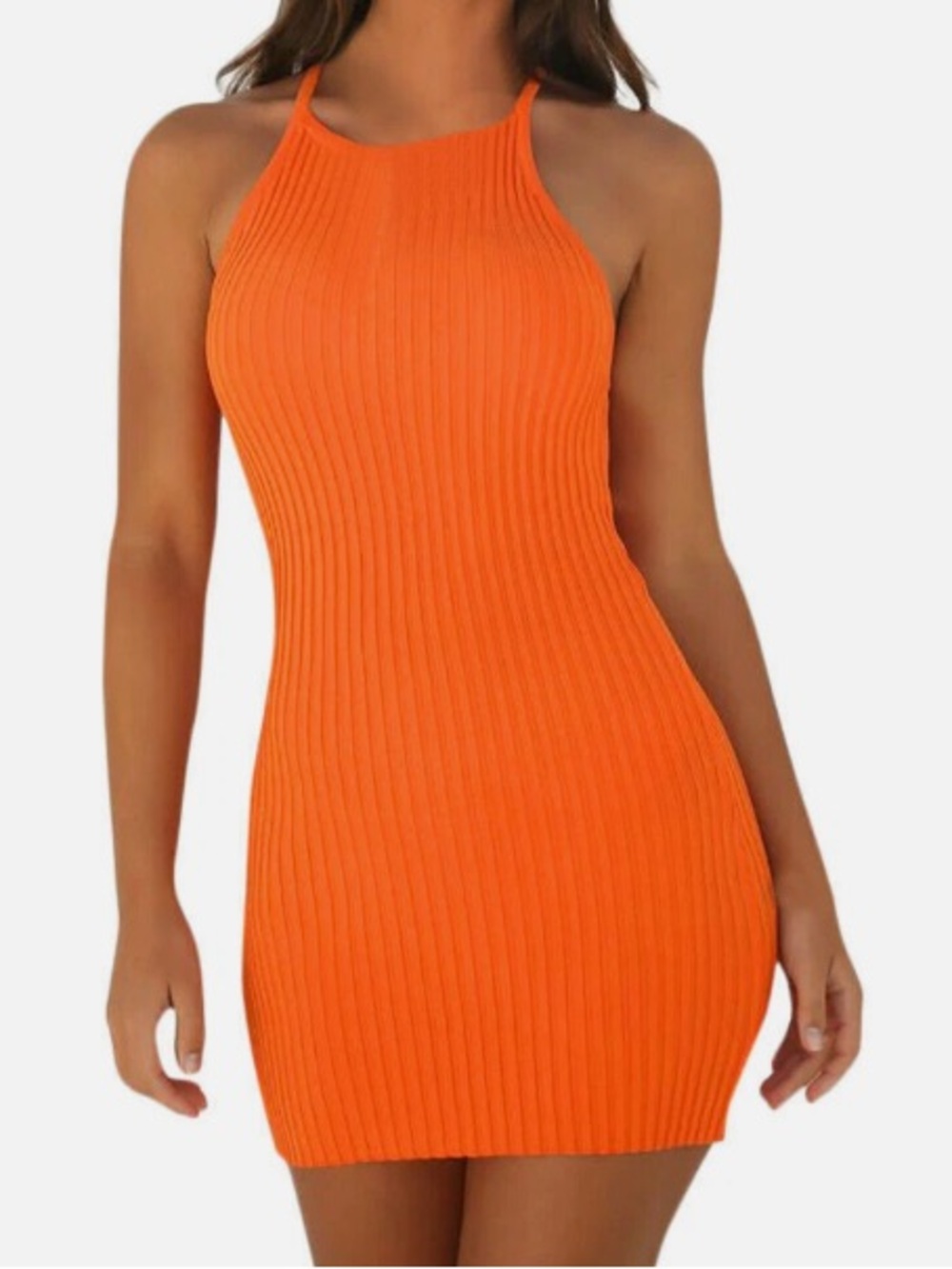 Ribbed Halter Bodycon Dress - Orange